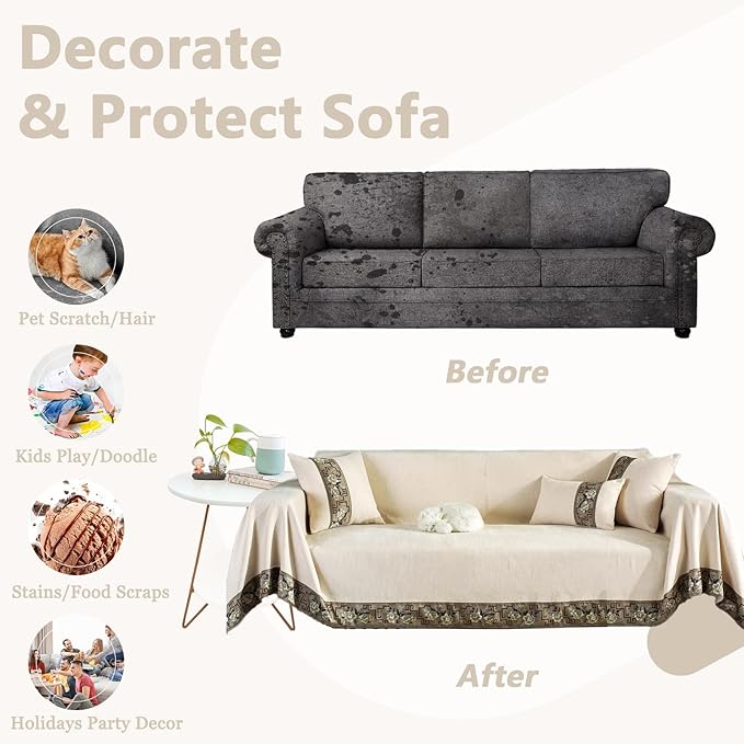 DREAMINGO Beige Couch Cover - Damask Jacquard Edge, Solid Color Modern Texture Sofa Covers for 3 Cushion Couch, Thick Chenille Sofa Slipcovers for Dogs Washable, X-Large 71"x134"