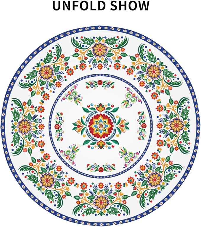 Mexican Round Tablecloth, Traditional Floral Bird Dia De Los Muertos Azulejo Mosaic Mexico Water Resisitant Table Cover for Dining Kitchen Living Room Home Party Holiday Decor 60 inch Round
