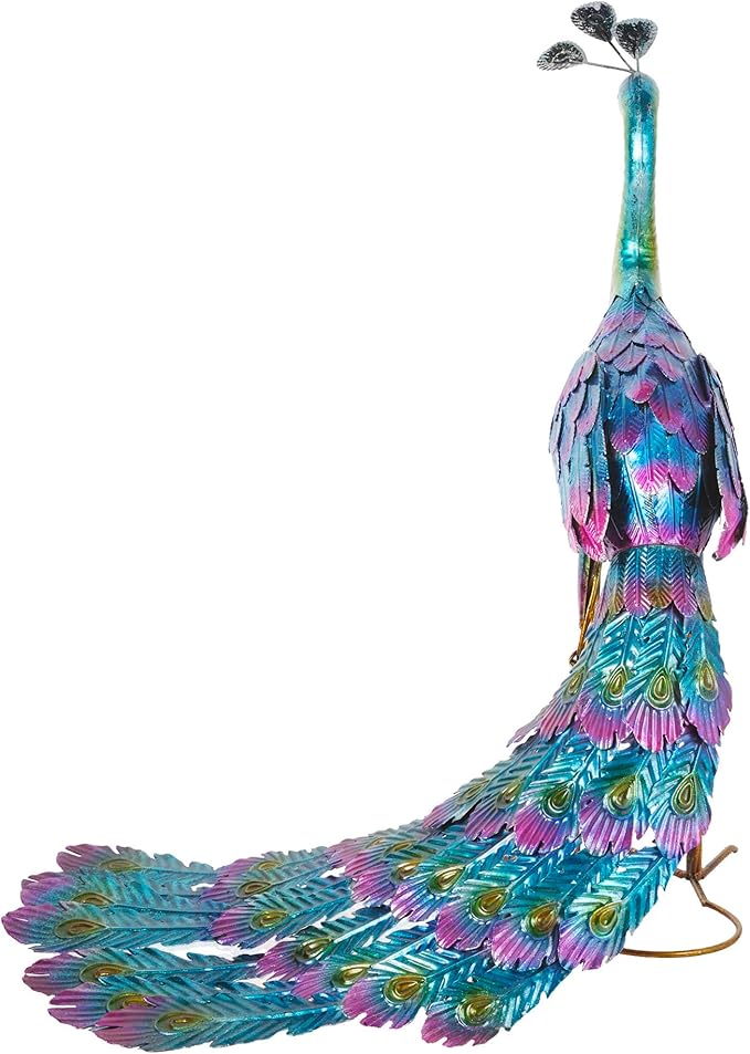Alpine Corporation 28" Tall Outdoor Metallic Peacock Standing Yard Statue Decoration, Multicolor