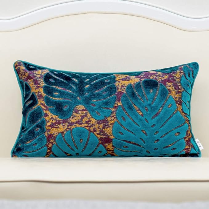 Alerfa 12 x 20 Inch Rectangle Leaf Pillow Embroidery Cut Velvet Cushion Case Luxury Modern Lumbar Throw Pillow Cover Decorative Pillow for Couch Sofa Living Room Bedroom Car, Blue