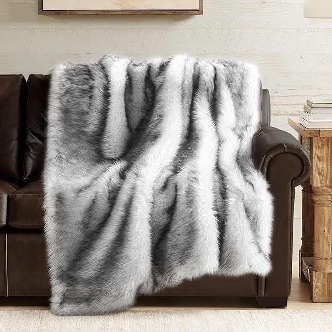 Hyde Lane Ultra Long Pile Faux Fur Throw Blanket, Luxury Fluffy with Black Tipped Blankets for Home Decor, Fuzzy Plush Animal Wolf Color Throws As a for Women, Direwolf, 60x80