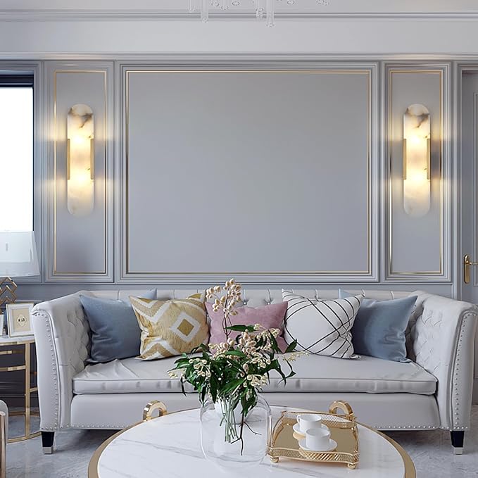 19.7 in Brass Alabaster Wall Sconces, Natural Marble Wall Sconces Indoor Alabaster Sconces for Living Room Modern Alabaster Sconces Wall Lighting for Dining Room Stairs Bedroom