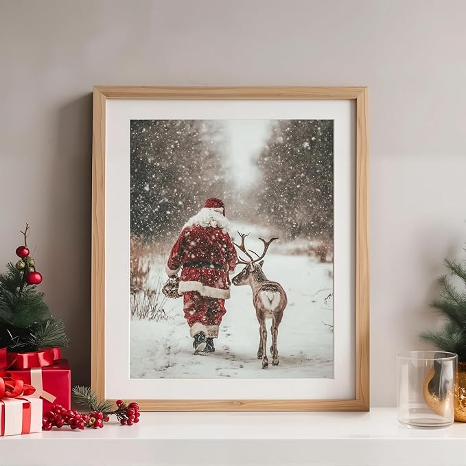 llguiidecal Vintage Santa Claus and Reindeer Wall Art Print, Rustic Christmas Winter Forest Photography, Holiday Farmhouse Snow Scene Print, Cozy Nordic Christmas Decor (8X10 Inch-Unframed)