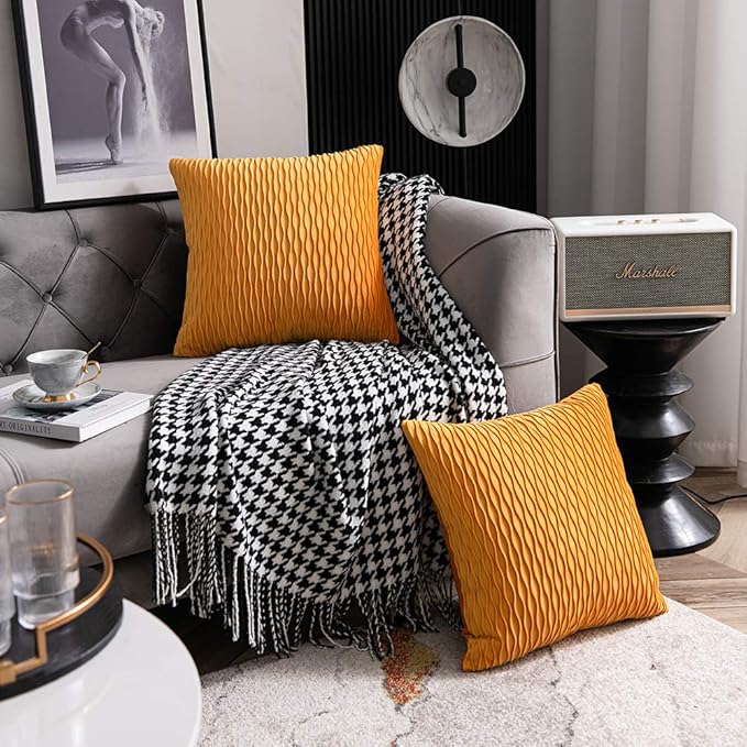 Fall Golden Yellow Couch Pillow Covers: 2 Pack 22x22 Inch Original Striped Velvet Square Throw Pillow Cases for Farmhouse Home Decor