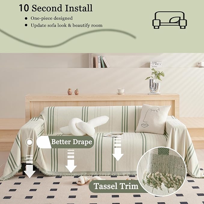 DREAMINGO Couch Cover Reversible Chenille 3 Seat Sofa Covers for Dogs Pets Beige Green Couch Protector for 3 Cushion Couch Sofa Vertical Stripe Jacquard Sofa Slipcover Sectional, 71"x134"