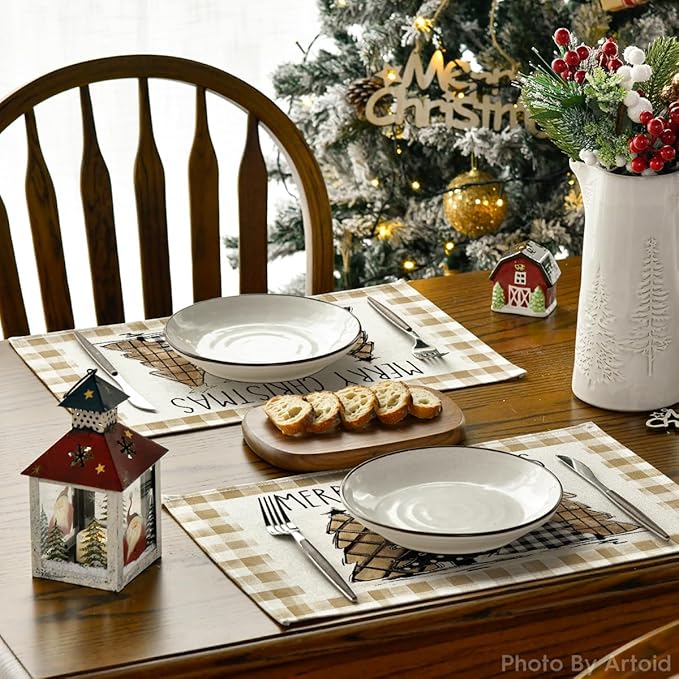 Artoid Mode Watercolor Brown Buffalo Plaid Christmas Trees Placemats Set of 4, 12x18 Inch Winter Table Mats for Party Kitchen Dining Decoration