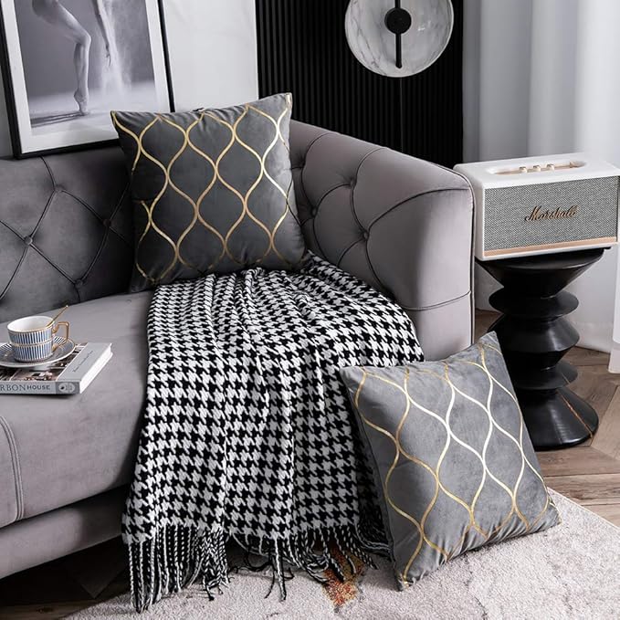 Gold Velvet Euro Sham Pillow Covers: 2 Pack 26x26 Inch Square Decorative Pillow Cases for Bedroom Sofa Couch Living Room, Light Grey