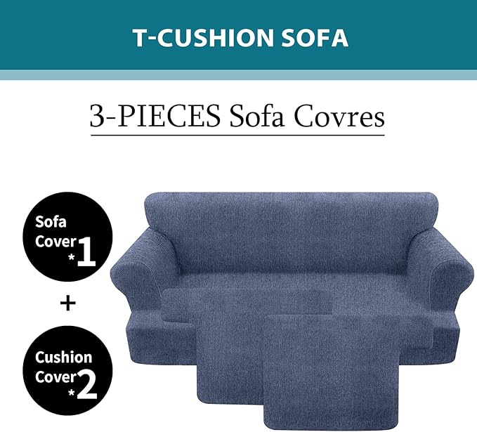 3 Piece T Cushion Sofa Slipcovers Stretch Couch Cover Furniture Covers with 2 Individual T Cushion Covers, Machine Washable for Living Room (Blue Gray, 2 Cushions)