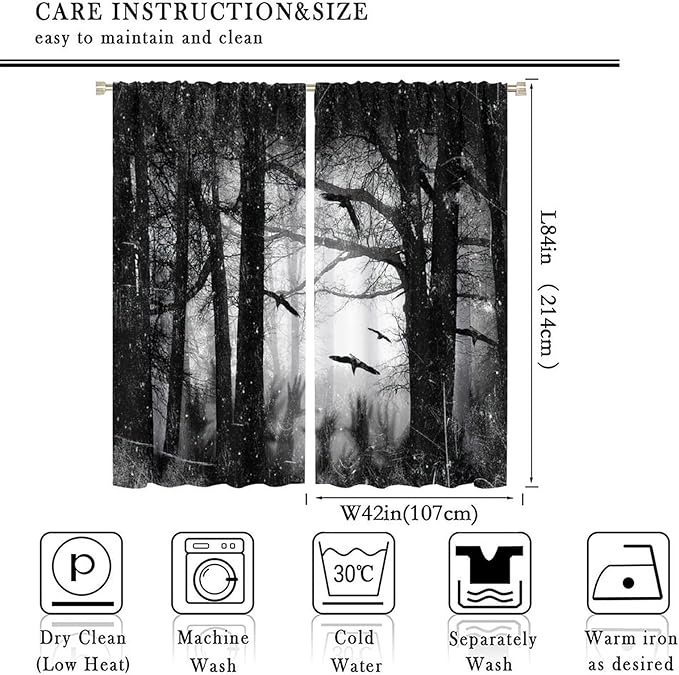 Gothic Forest Blackout Curtains, Foggy Forest Dead Trees Crow Halloween Style Black White Scary Print Window Treatments, for Bedroom Living Room 42(W)*84(L) 2 Panels