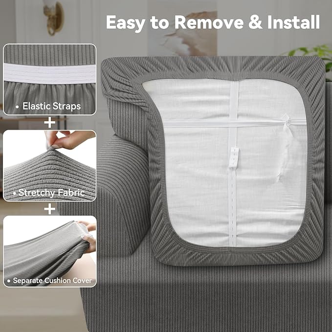Waterproof Couch Cover 4-Piece Set Striped Sofa Slipcovers for 3 Separate T Cushion Couch - TPU Fabric Sofa Covers Leakproof Couch Protector for Kids, Pets(3 Cushion Sofa, Gray)
