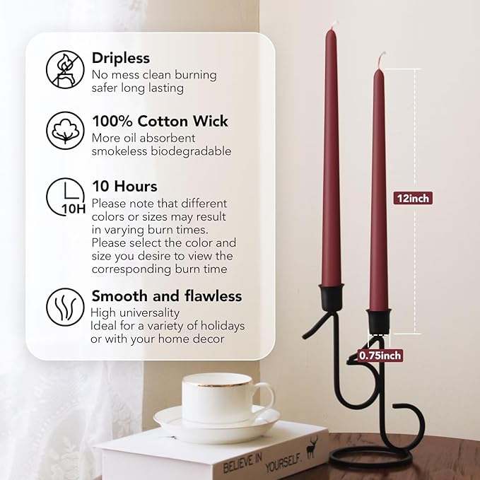 New Burning Formula Unscented Dripless 12-Inch Taper Candles Set of 12 - Dark Red, for Wedding, Dinner - Smokeless, Long Burning - Hand Poured, Colored Tall Candlesticks - Rojo Oscuro