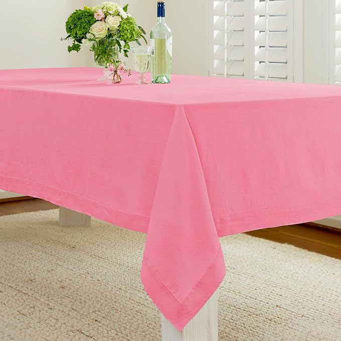 Solino Home Linen Tablecloth for Rectangle Tables 60 x 120 Inch - 100% Pure Linen Pink Carnation Table Cloth - Fete, Machine Washable Cloth Tablecloth