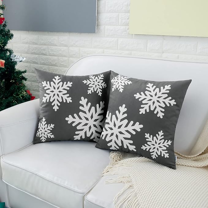 HWY 50 Grey Gray Decorative Throw Pillow Covers 16x16 Inch for Couch Sofa Living Room Bed, Soft Square Throw Pillows Cases Cushion Cover with Christmas Snowflakes Print Pack of 2