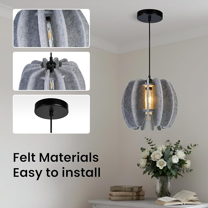 Pendant Light with Felt Lampshade, Modern Hanging Lamp Fixture, DIY Acoustic Pendant Light Chandeliers for Kitchen Island, Living Room, Dining Room, Bedroom, Office (D11.8"x10.2")