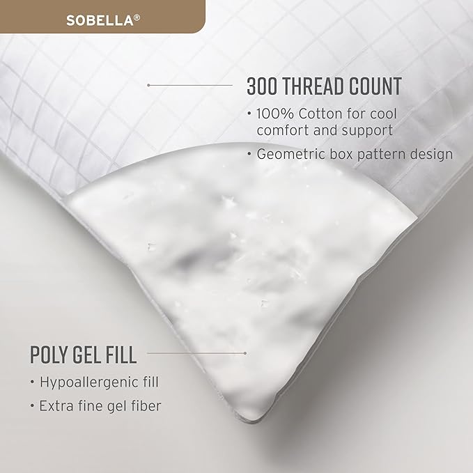 Sobel Westex Sobella Bed Pillow for Sleeping | Side Sleeper for Adults | 300TC 100% Cotton Case | Soft, Machine Washable, Hotel Quality (Standard Medium)