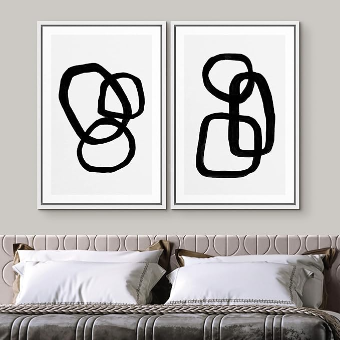 SIGNWIN Framed Canvas Print Wall Art Set Tan White Tropical Geometric Collage Abstract Shapes Cozy Neutral Modern Art Minimal Boho Relax/Calm for Living Room, Bedroom, Office - 16"x24"x2 Black