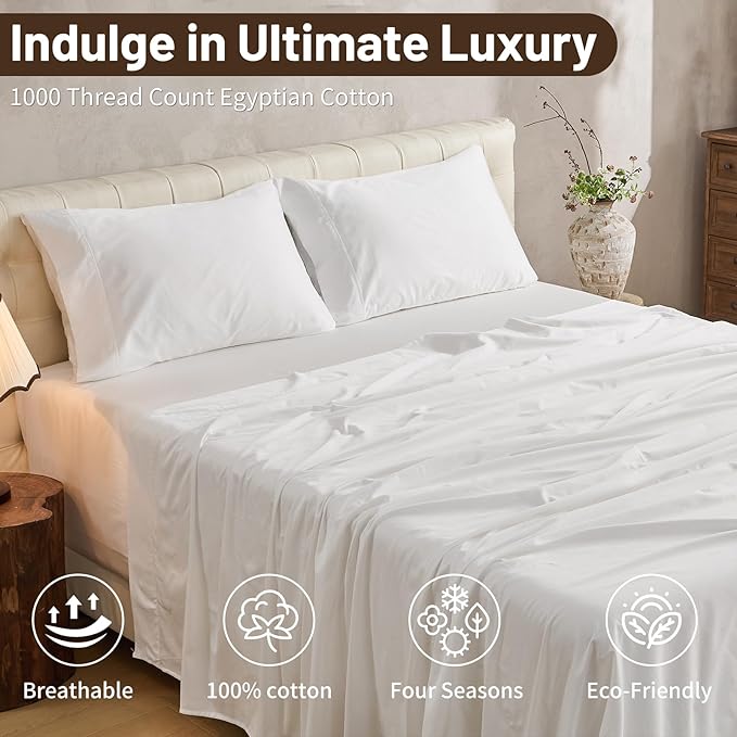 MEISHANG Extra Deep Pocket Cotton Sheets King Size - 100% Egyptian Cotton 1000 Thread Count - Fits 18"-24" in Deep Mattress,Oeko-Tex Certified, Soft & Breathable - 4 Piece (King, White)