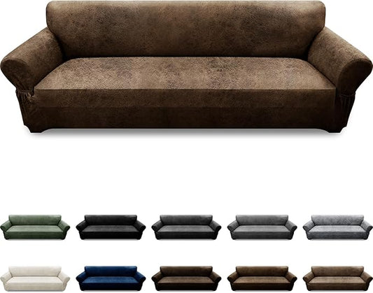 Oversized Sofa Slipcover Leather Look Couch Cover for 4 Seater Sofa 1-Piece Sofa Cover Stretch Furniture Protector with Elastic Bottom & Pockets(XL Sofa, Brown)