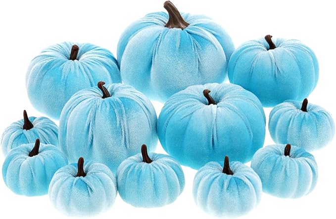 Artificial Velvet Pumpkins Fake 12Pcs Assorted Halloween Thanksgiving Handmade Autumn Centerpiece Decorating for Kitchen Table Wedding Blue