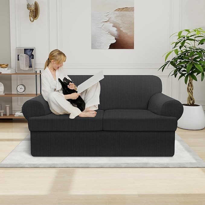 Waterproof Loveseat Cover 3-Piece Set Striped Slipcover for 2 Separate T Cushion Couch - TPU Fabric 2-Seater Sofa Covers Leakproof Couch Protector for Kids, Pets(Loveseat, Dark Gray)