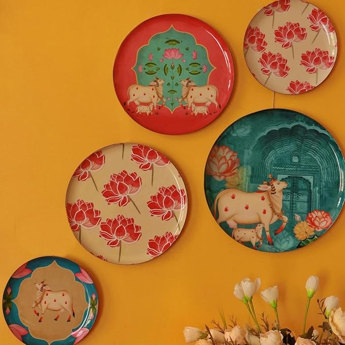 RITUALISTIC Pastel Pichwai Iron Wall Plates- Set of 5 (Multicolor) | Wall Arts For Home Decoration, Bedroom, Office Decor & Christmas gifts| Aesthetic Room Decor Items | Wall Hanging Showpiece