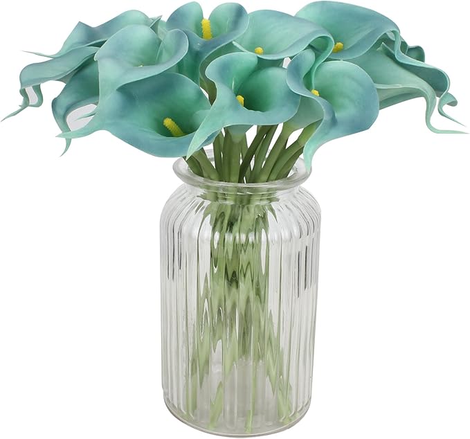Duovlo 20pcs Calla Lily Bridal Wedding Bouquet Lataex Real Touch Artificial Flower Home Party Decor (Lake Blue)