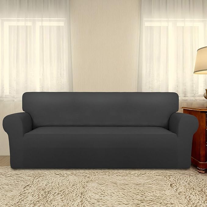 PureFit Super Stretch Sofa Slipcover – Spandex Non Slip Soft Couch Sofa Cover, Washable Furniture Protector with Non Skid Foam and Elastic Bottom for Kids, Pets （Sofa, Dark Gray）