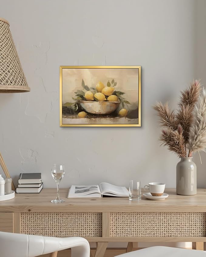AIMAILON Vintage Gold Canvas Wall Art Framed Decor Classical Print Home Decoration for Kitchen Living Room Expressive Brushstrokes Yellow Lemon Lemon with Leaves Still Life Picture 12x16