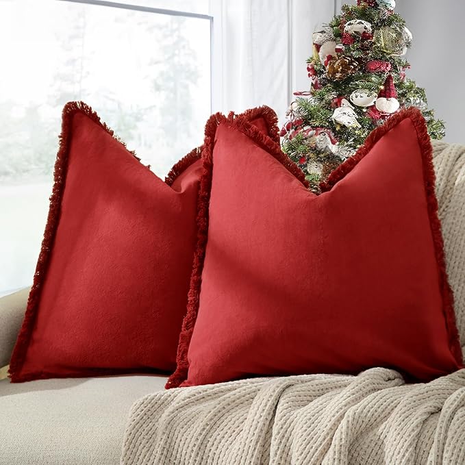 ZWJD Christmas Pillow Covers 16x16 Set of 2 Throw Pillow Covers with Fringe Chic Cotton Christmas Decorative Pillows Square Cushion Covers for Sofa Couch Bed Living Room Farmhouse Boho Decor