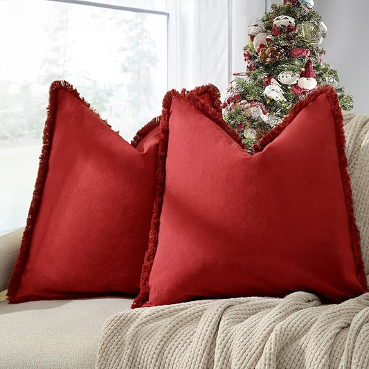 ZWJD Christmas Pillow Covers 16x16 Set of 2 Throw Pillow Covers with Fringe Chic Cotton Christmas Decorative Pillows Square Cushion Covers for Sofa Couch Bed Living Room Farmhouse Boho Decor