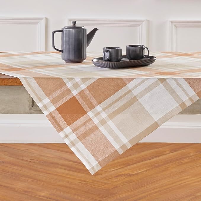 Solino Home Linen Plaid Square Tablecloth 50 x 50 Inch - 100% Pure Linen Fall Harvest Table Throw - Machine Washable Table Cloth for Autumn, Thanksgiving, Holiday