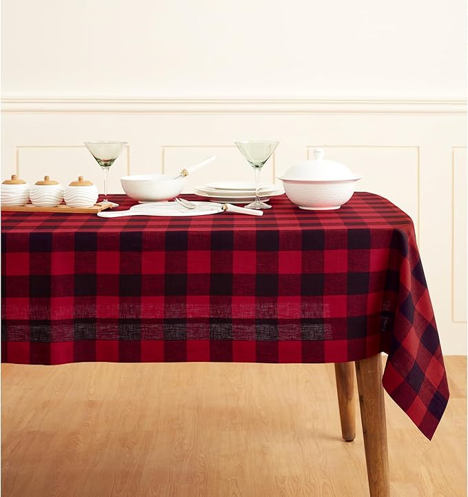 Solino Home Linen Checkered Tablecloth 60 x 90 Inch - 100% Pure Linen Red and Black Buffalo Plaid Table Cloth for Rectangle Tables - Machine Washable Tablecloth for Christmas