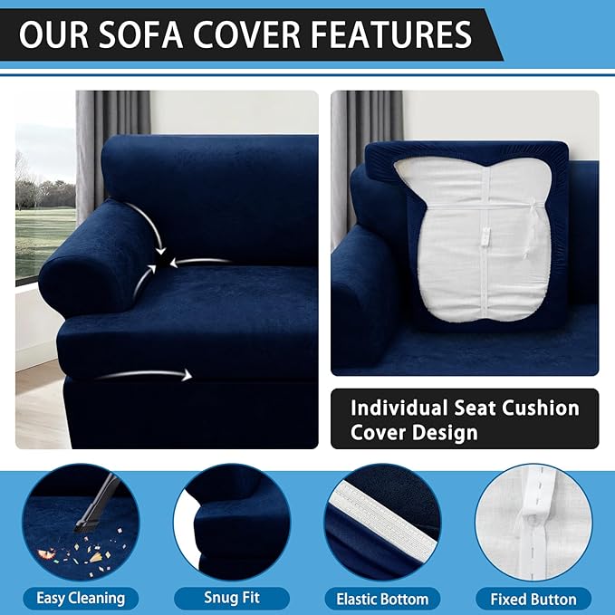 3-Pieces T Cushion Loveseat Slipcovers Leather Look Couch Cover Loveseat Covers for 2 Cushion Couch Furniture Protector Stretch Sofa Cover with 2 Individual T Cushion Seat Covers, Navy