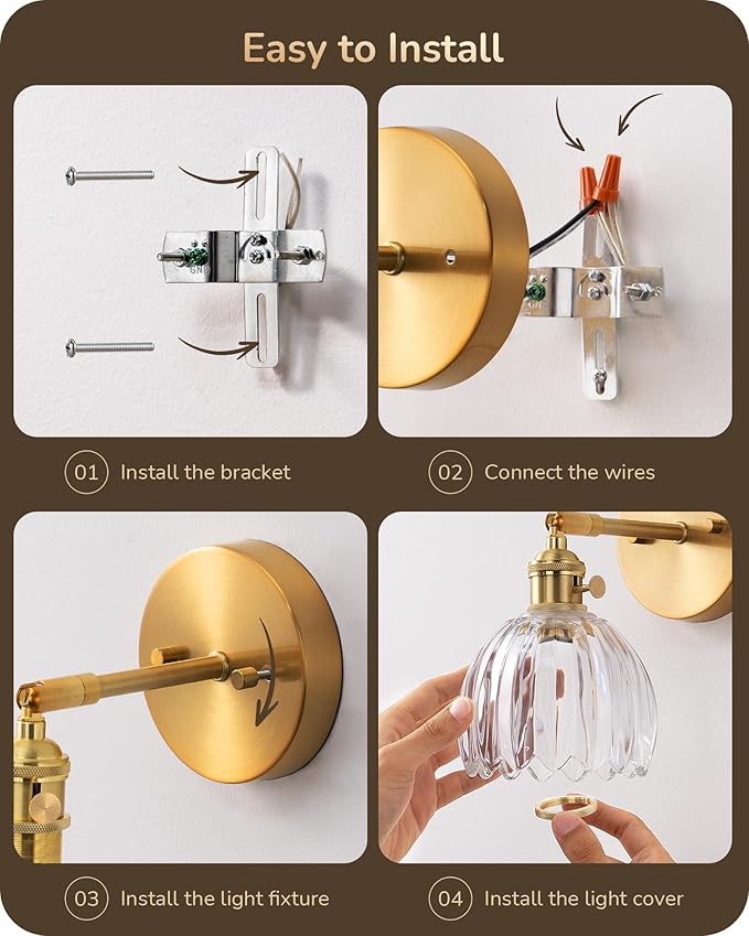 EDISHINE Hardwired Wall Sconces Set of Two, Brass Gold Wall Lamp with Transparent Tulip Glass Lampshade 180 Degree Adjustable, Vintage Bathroom Lighting Fixtures for Bedroom Living Room Hallway