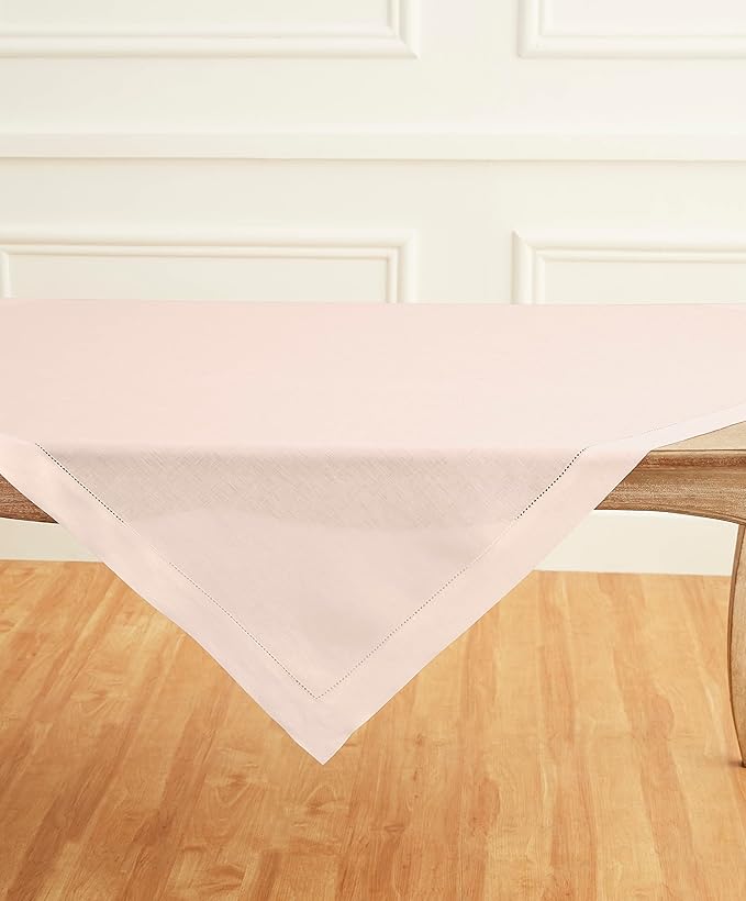 Solino Home Pink Linen Tablecloth 52 x 52 Inch - 100% Pure Linen Square Table Throw - Classic Hemstitch, Machine Washable Table Cloth