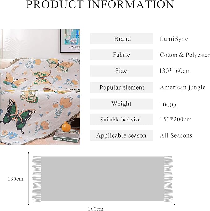 Double-Sided Cotton Woven Throw Blanket with Tassel Jungle Bohemian Style Tapestry Shawl Multi-Function Decorative Throws for Sofa Bed Armchair Camping Blanket Tablecloth Carpet 160x130cm