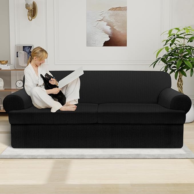Waterproof Couch Cover 3-Piece Set Striped Sofa Slipcovers for 2 Separate T Cushion Couch - TPU Fabric Sofa Covers Leakproof Couch Protector for Kids, Pets(2 Cushion Sofa, Black)