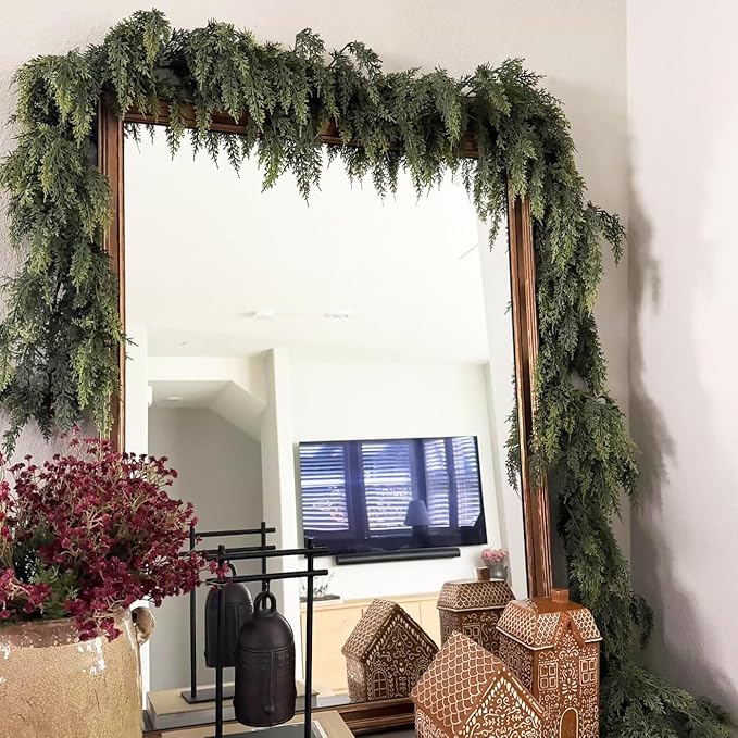 Christmas Cedar Garland Artificial Real Touch Thickness Realistic Greenery Pine Garland for Mantle Fireplace Outdoor Indoor Christmas Decorations 6FT