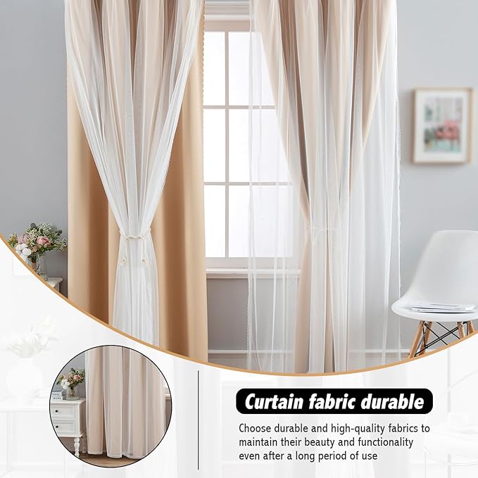 Anytime Home Curtains Blackout and Sheer Layered Solid Window Curtain Panel Pair with Grommet Top, 52Wx63L,Beige