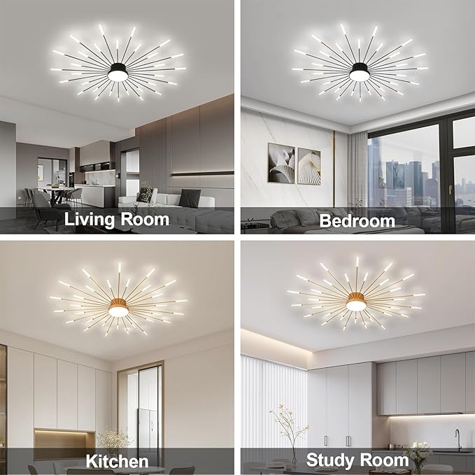 JAYMP Ceiling Light Modern Flower Shape Ceiling Lamp for Living Room Dining Room Flush Mount Metal Acrylic Sputnik Firework Petal LED Lighting Fixture (Matte Gold, 30+1 Lights)