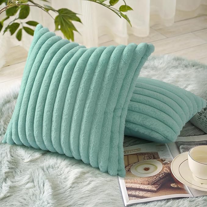 decorUhome Faux Fur Christmas Throw Pillow Covers 18x18 Set of 2, Decorative Soft Plush Striped Neutral Couch Euro Pillow Covers with Velvet Back for Sofa, Bed, Living Room Home Decor, Aqua