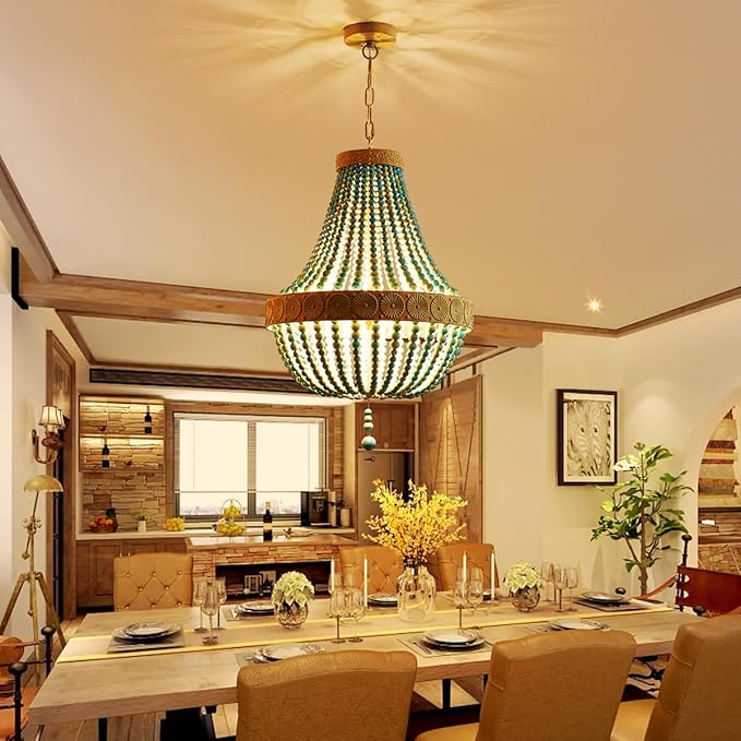 Saint Mossi Farmhouse Chandeliers, Vintage Design Wood Bead Pendant Light Fixture, D18 x H26, Adjustable 60" Chains, 4 x E12 Sockets, Rustic Blue Finish Bead & Dirt Grey Finish Metal Frame