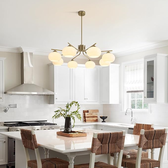 KCO Lighting 8-Lights White Glass Globe Sputnik Chandelier Mid Century Modern Gold Semi Flush Mount Ceiling Light Sputnik Chandeliers Milk Glass Ball Chandelier Kitchen Island