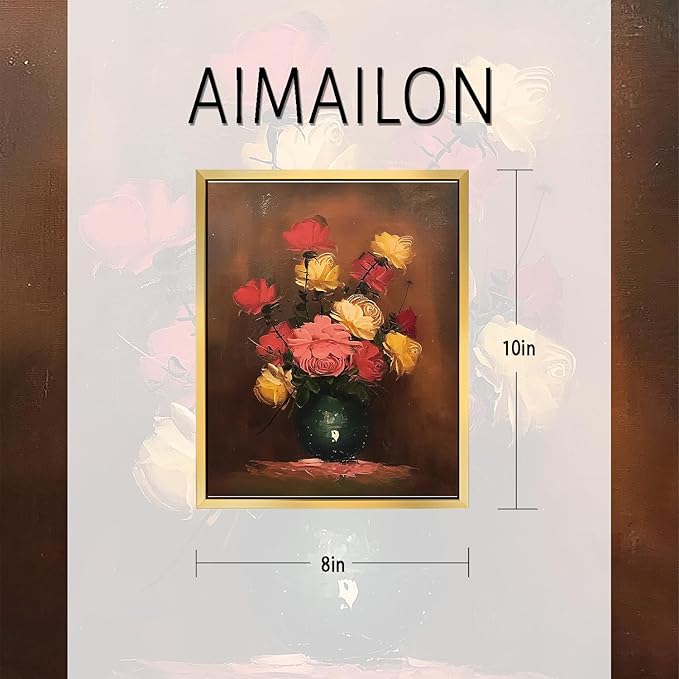 AIMAILON Vintage Gold Canvas Wall Art Framed Decor for Living Room Kitchen Classical Still Life Three Color Rose Artwork Warm Moody Botanical Aesthetic Picture Home Decoration 8x10