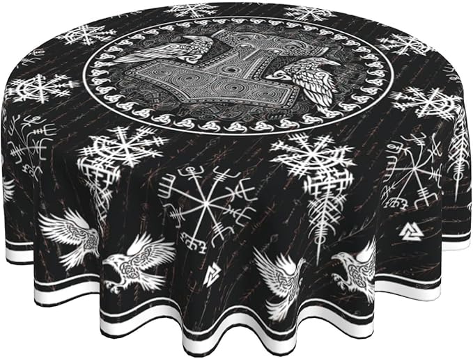 Norse Viking Tablecloth, Nordic Mythology Crow Helmet of Awe Ancient Mythical Viking Raven Print Water Resisitant Table Cover for Dining Kitchen Living Room Home Party Holiday Decor 70 inch Round