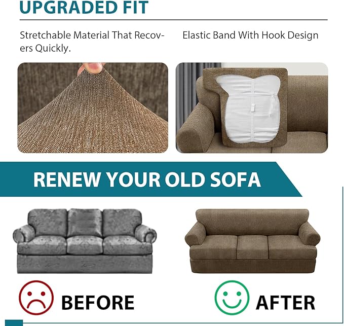4 Piece T Cushion Sofa Slipcovers Stretch Couch Cover Furniture Covers with 3 Individual T Cushion Covers, Machine Washable for Living Room (Brown, 3 Cushions)