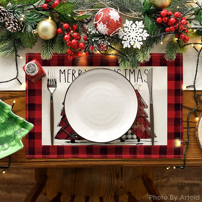 Artoid Mode Red and Black Buffalo Plaid Christmas Trees Placemats Set of 8, 12x18 Inch Winter Table Mats for Outdoor Home Party Kitchen Dining Decor