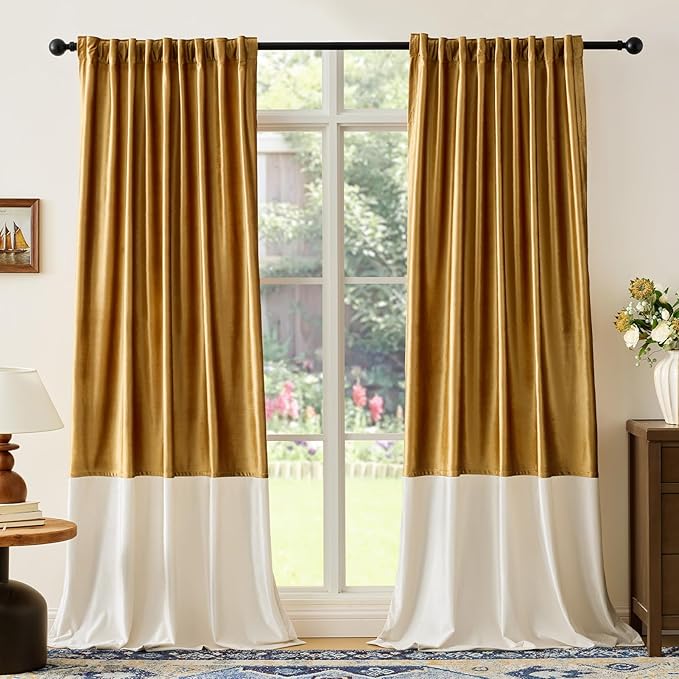 Velvet Curtains for Living Room Gold Cream Ivory 120 inches Long,2 Panels Blackout Curtains Modern Color Block Back Tab Rod Pocket Soundproof Drapes for Bedroom Window Decor