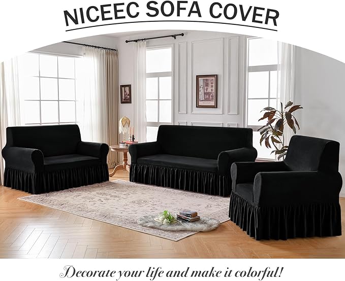 NICEEC Armchair Cover Thick Plush 1-Piece Warm Black Armchair Slipcover Stretch Fluffy Couch Covers for Living Room Easy Fit Washable Soft Furniture Sofa Protector with Skirt
