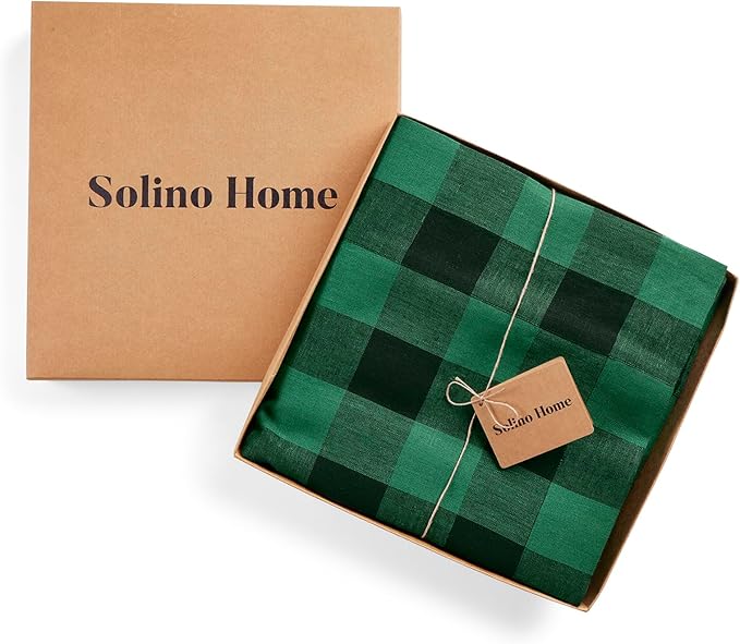 Solino Home Linen Checkered Tablecloth 60 x 144 Inch - 100% Pure Linen Green and Black Buffalo Plaid Table Cloth for Rectangle Tables - Machine Washable Tablecloth for Christmas, Winter
